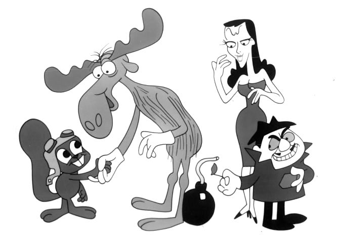 The cast of the popular, “The Rocky and Bullwinkle Show,” (l-r) Rocket ‘Rocky’ J. Squirrel, Bullwinkle J. Moose, Natasha Fatale and Boris Badenov.