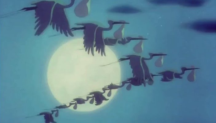 In Dumbo, (1941) the storks solemnly set out at twilight to deliver their babies throughout the night. This was an era when children were told that the moon was made of cheese and a crack of thunder was God bowling a strike, so it went unquestioned that storks delivered babies – even, baby animals.