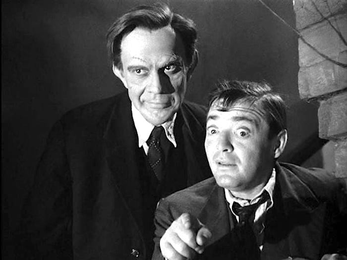 Jonathan (Raymond Massey), the criminally-insane Brewster brother, and his partner in crime, Dr. Einstein (Peter Lorre). The role of Jonathon Brewster, a character described as “looking like Karloff,” was, in the original stage play, cheekily played by Boris Karloff himself for over 3 1/2 years!